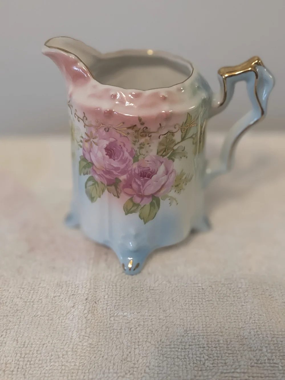 Antique Porcelain Footed Creamer R. S. Prussia Floral Design Trimmed In Gold.